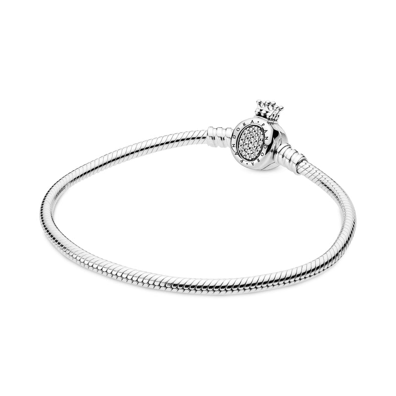 Snake chain sterling silver bracelet and crown O clasp with clear cubic zirconia