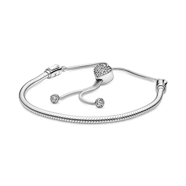 Snake chain sterling silver slider bracelet and heart clasp with clear cubic zirconia