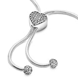 Snake chain sterling silver slider bracelet and heart clasp with clear cubic zirconia