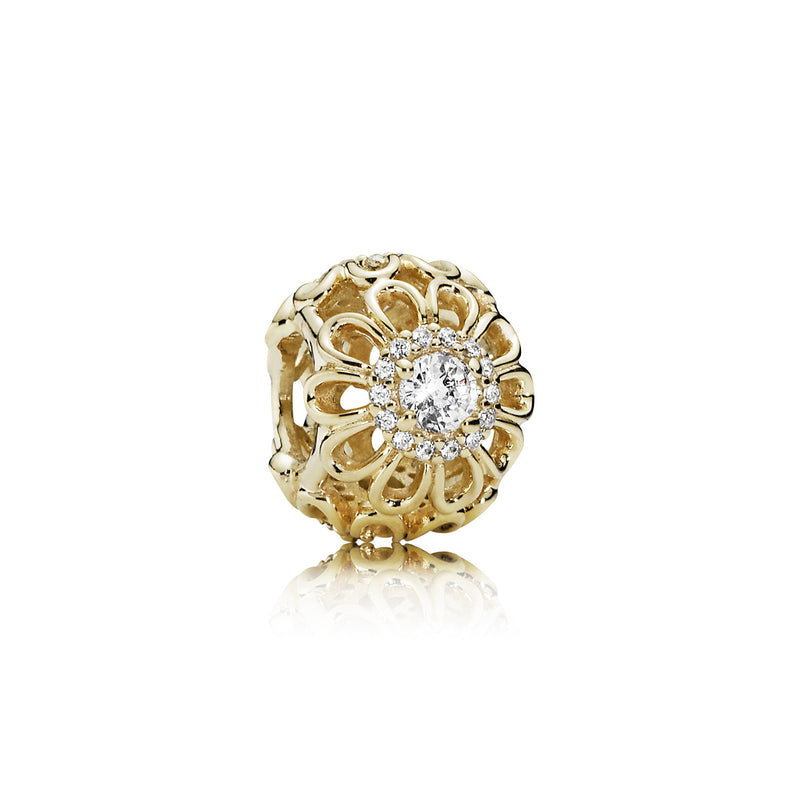 Openwork floral charm in 14k with clear cubic zirconia