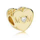 Mum heart 14k Gold Plated  charm with clear cubic zirconia