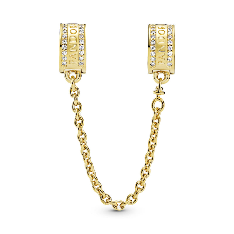 14k Gold Plated  logo safety chain with clear cubic zirconia and silicone grip
