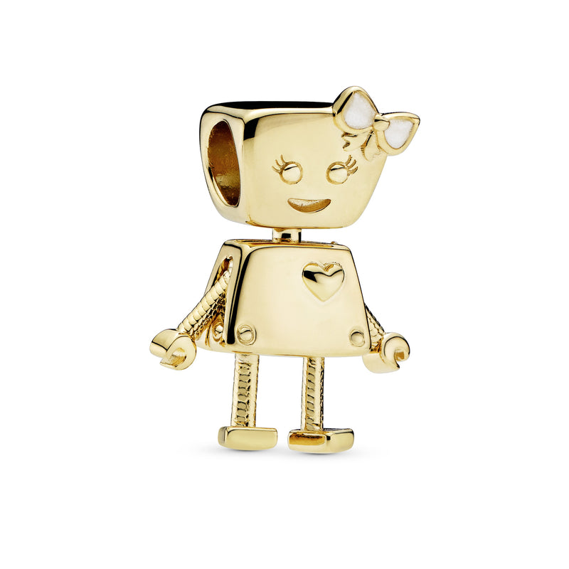 Robot girl 14k Gold Plated  charm with silver enamel