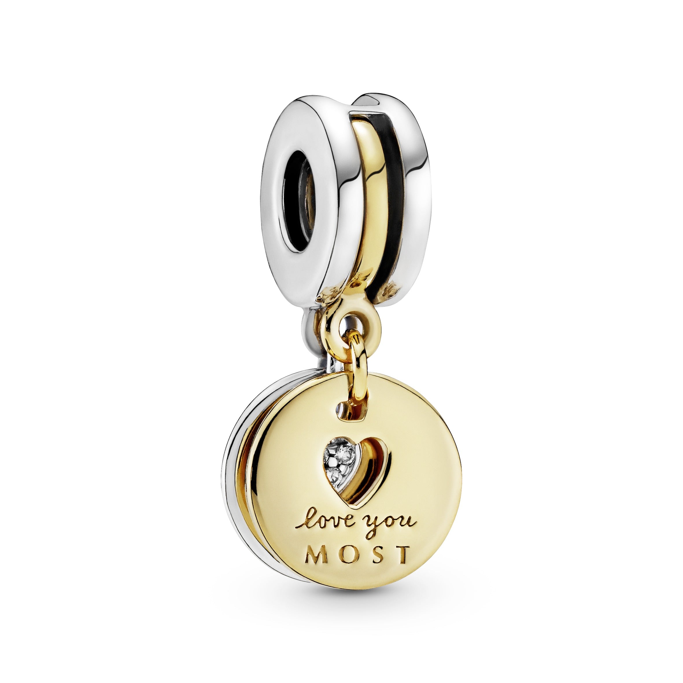Love you more 14k Gold Plated  and silver split dangle with clear cubic zirconia