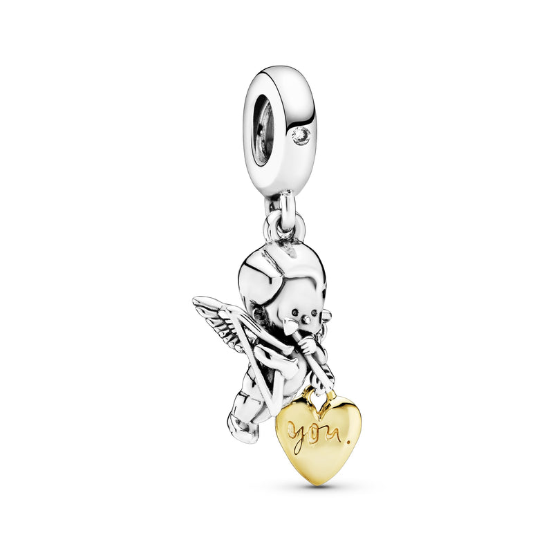 Cupid and heart 14k Gold Plated  and silver dangle with clear cubic zirconia