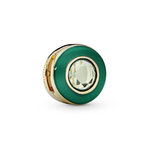 Pandora Reflexions round clip charm in 14k Gold Plated  with marine green crystal and green enamel