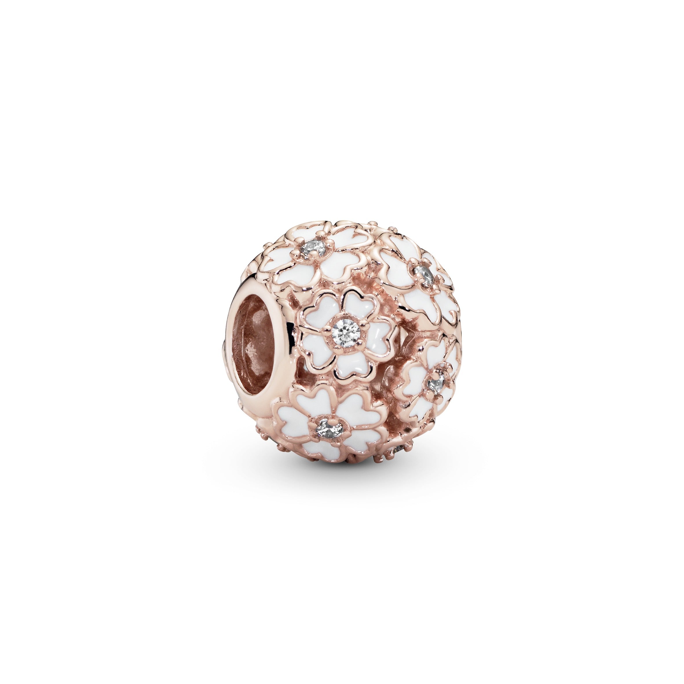 Primrose 14k Rose Gold-plated charm with clear cubic zirconia and white enamel