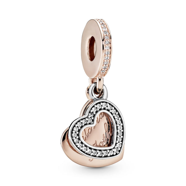 PANDORA Rose heart dangle with engraving Beloved Mother and silver heart with clear cubic zirconia