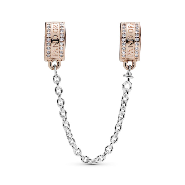 PANDORA Rose logo safety chain with clear cubic zirconia, silicone grip and silver chain