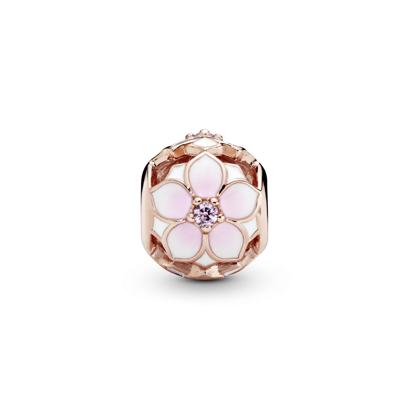 Magnolia 14k Rose Gold-plated charm with blush pink crystal, white and shaded pink enamel