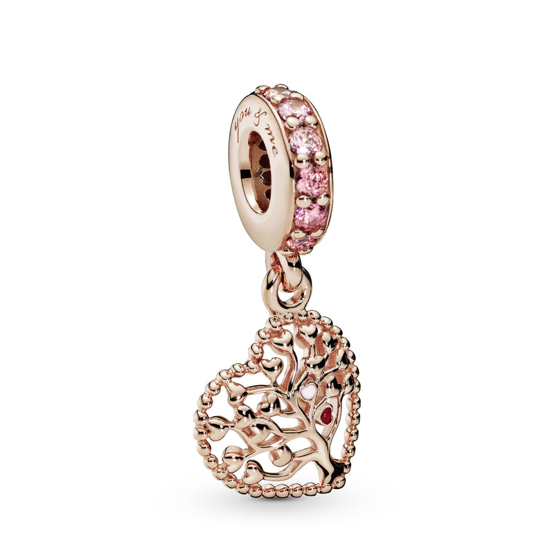 Family tree 14k Rose Gold-plated dangle with fancy pink, red and fancy fuchsia pink cubic zirconia,  pink and red enamel