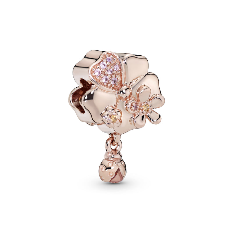 Flower and ladybug 14k Rose Gold-plated charm with pink crystal, yellow and pink cubic zirconia and pink enamel