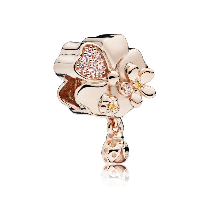 Flower and ladybug 14k Rose Gold-plated charm with pink crystal, yellow and pink cubic zirconia and pink enamel