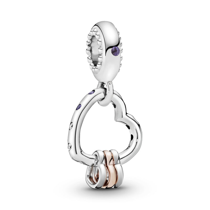 Heart silver and 14k Rose Gold-plated dangle with lilac crystal, royal purple crystal and clear cubic zirconia