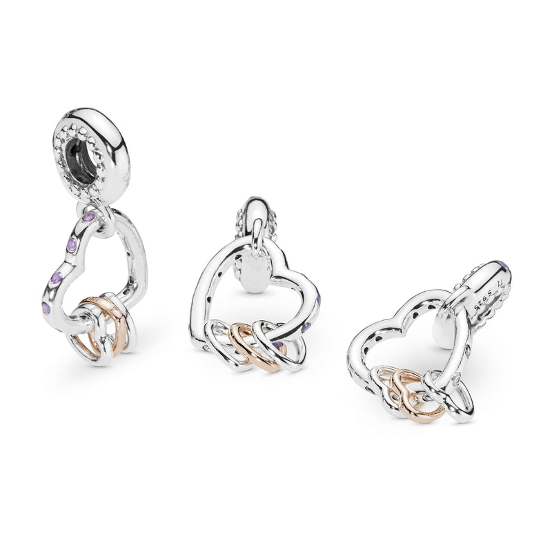 Heart silver and 14k Rose Gold-plated dangle with lilac crystal, royal purple crystal and clear cubic zirconia