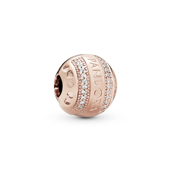 PANDORA Rose logo clip with clear cubic zirconia and silicone grip