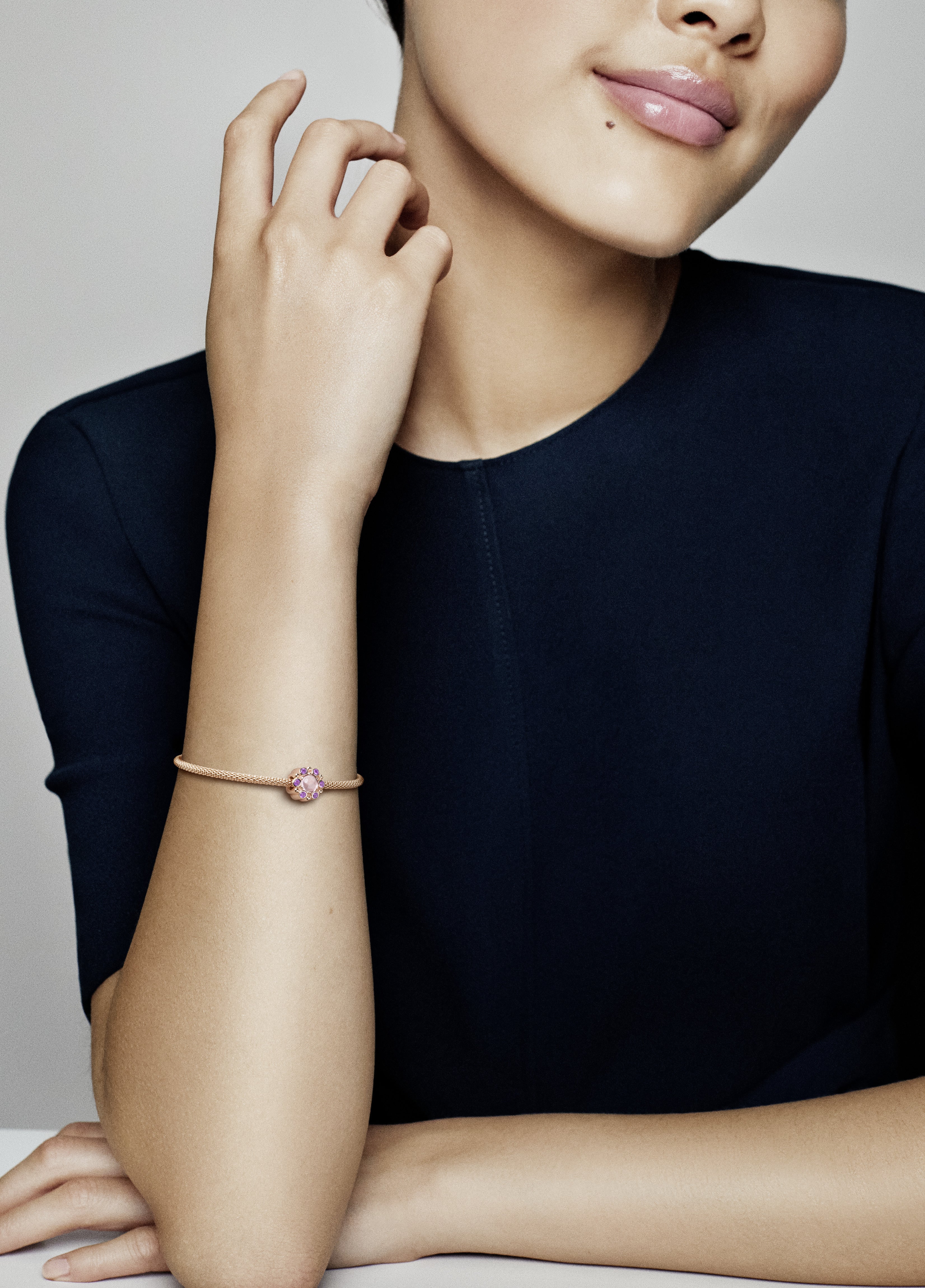 PANDORA Rose charm with pink mist and royal purple crystal