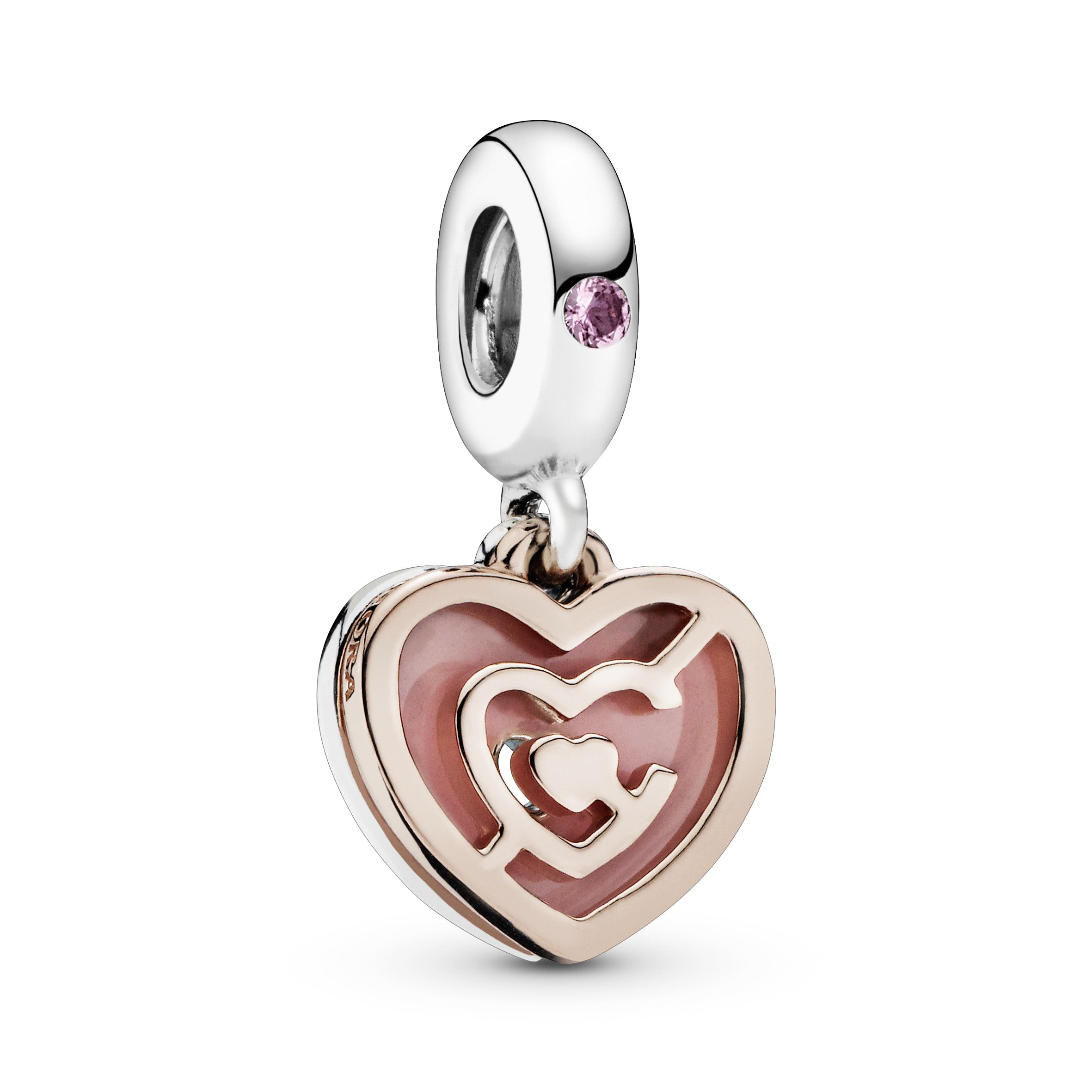 Labyrinth heart 14k Rose Gold-plated and silver dangle with blush pink crystal and pink enamel