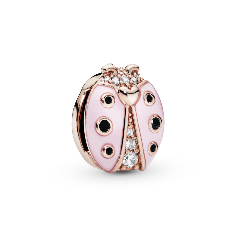 Pandora Reflexions ladybird clip charm in 14k Rose Gold-plated with clear cubic zirconia, black crystal and pink enamel