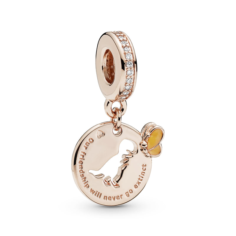 Dinosaur and butterfly 14k Rose Gold-plated dangle with clear cubic zirconia and yellow enamel