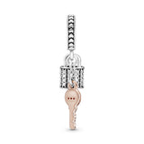 Padlock and key 14k Rose Gold-plated and sterling silver dangle with clear cubic zirconia