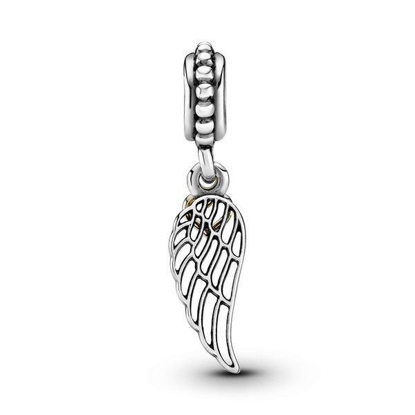 Angel wing silver dangle with 14k heart