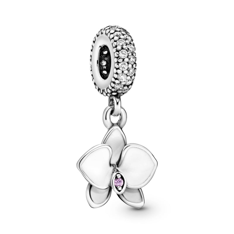 Orchid silver dangle with orchid cubic zirconia and clear cubic zirconia and white enamel