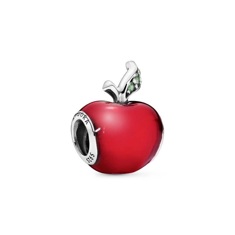 Disney Snow White apple silver charm with red enamel and dark green cubic zirconia