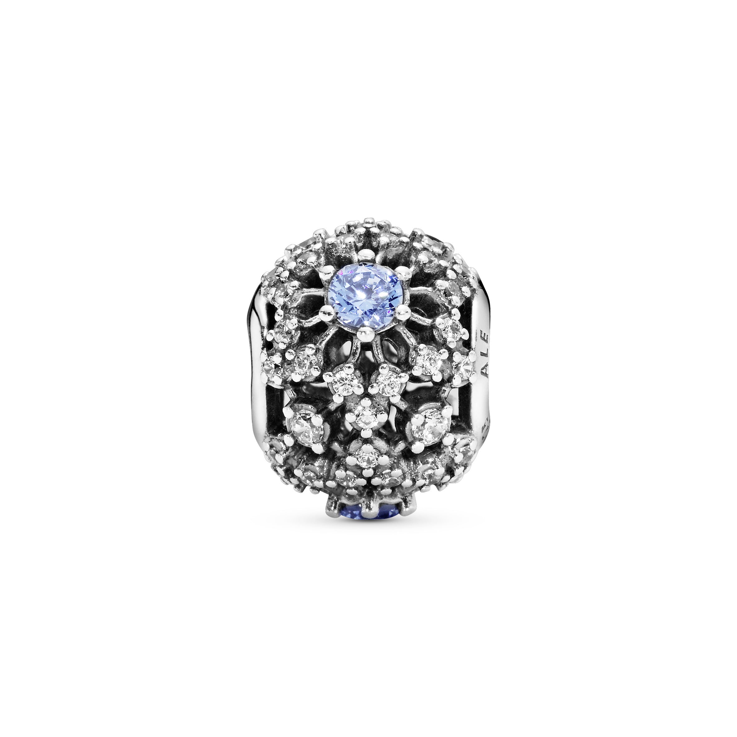 Disney openwork snowflake silver charm with fancy light blue and clear cubic zirconia
