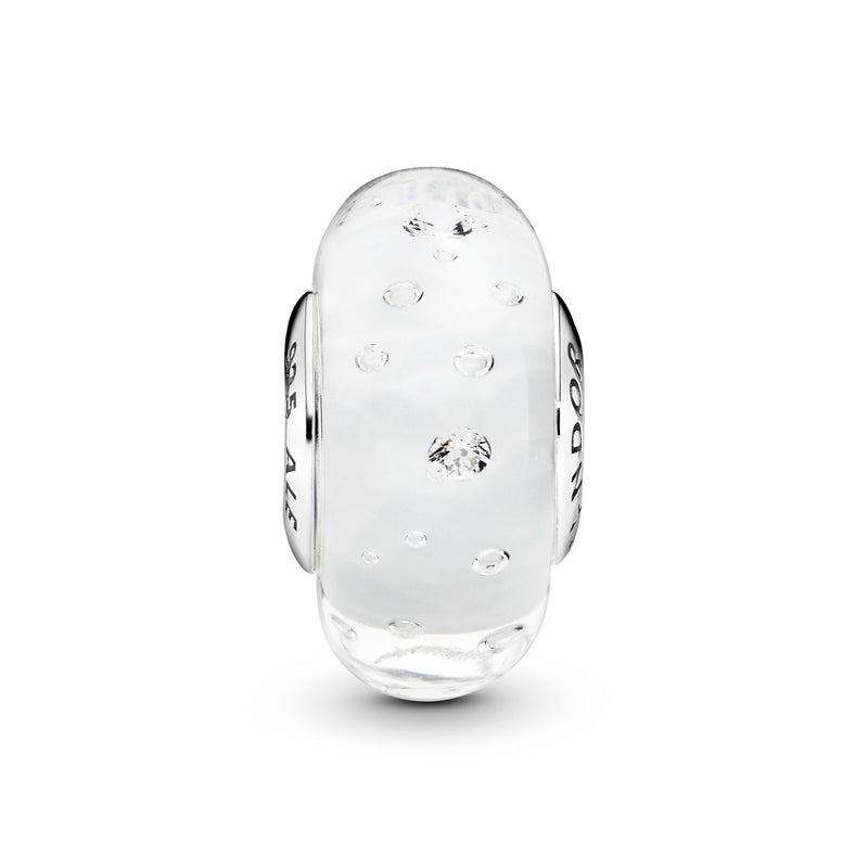 Abstract silver charm in white murano glass with cubic zirconia