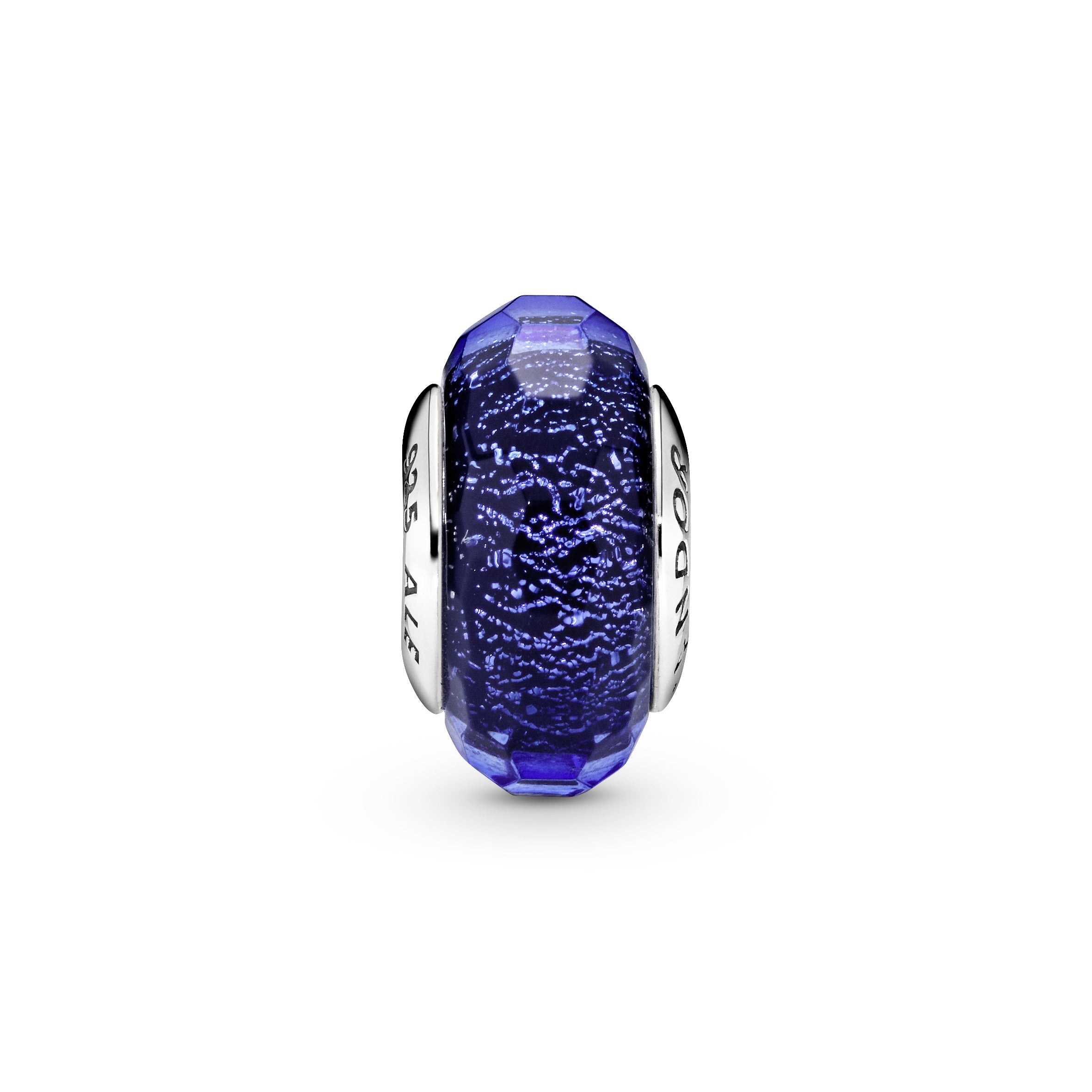 Abstract silver charm with faceted iridescent blue Murano glass