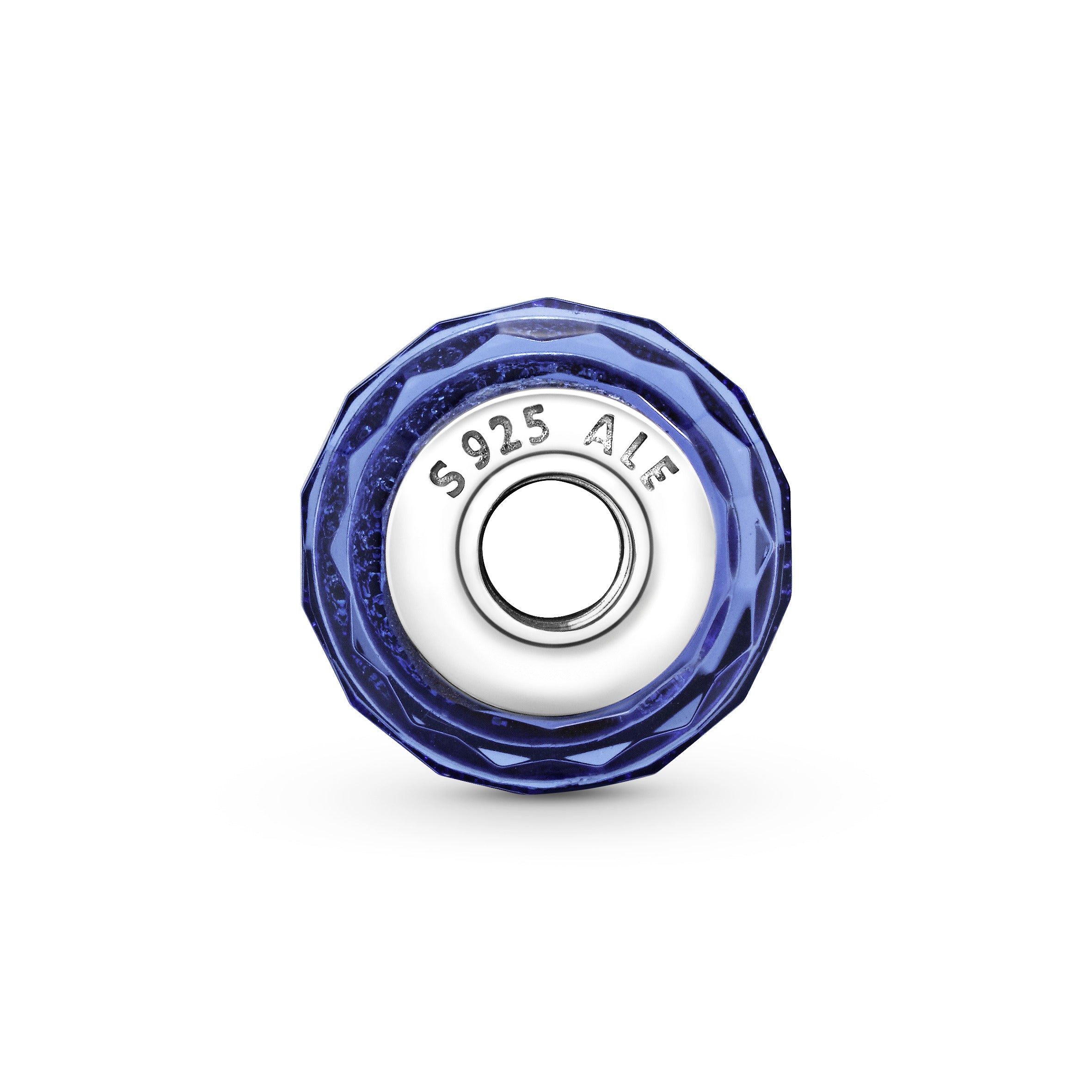 Abstract silver charm with faceted iridescent blue Murano glass