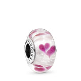 Heart silver charm with transparent, violet, white and dichroic Murano glass and German glass