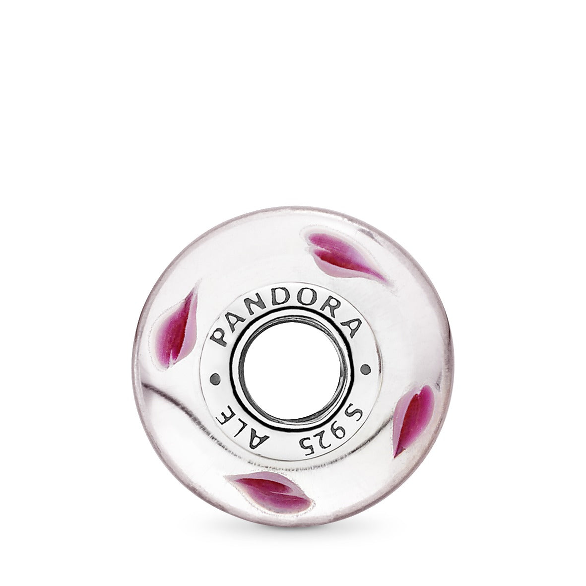 Heart silver charm with transparent, violet, white and dichroic Murano glass and German glass