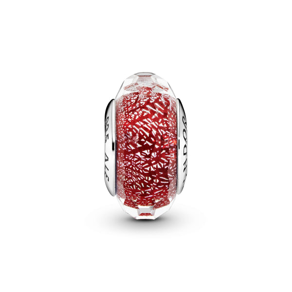 Abstract silver charm with faceted iridescent red Murano glass