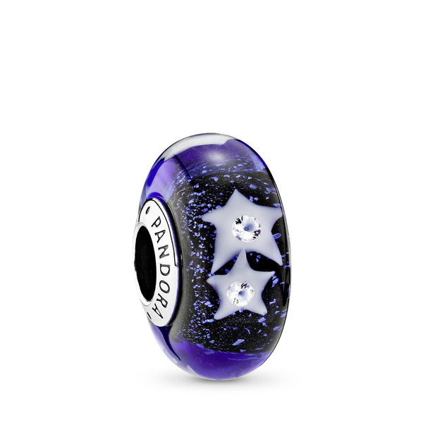 Star silver charm with clear cubic zirconia and iridescent, white, blue and transparent Murano glass