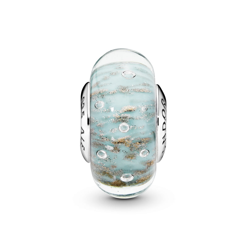 Silver charm with golden frit, mint and transparent Murano glass