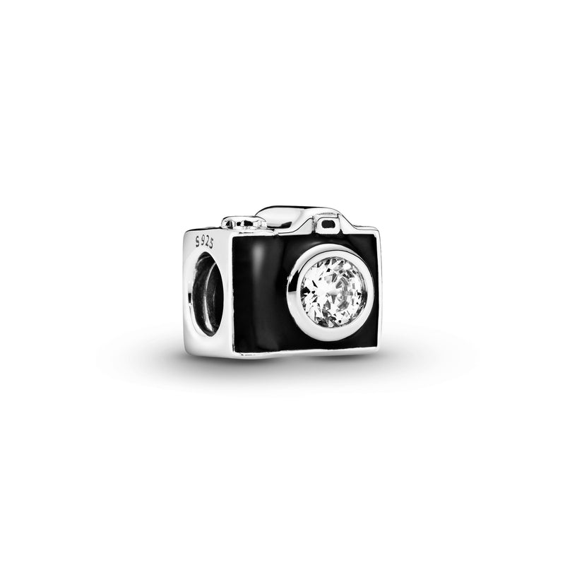Camera silver charm with black enamel and cubic zirconia