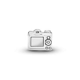 Camera silver charm with black enamel and cubic zirconia