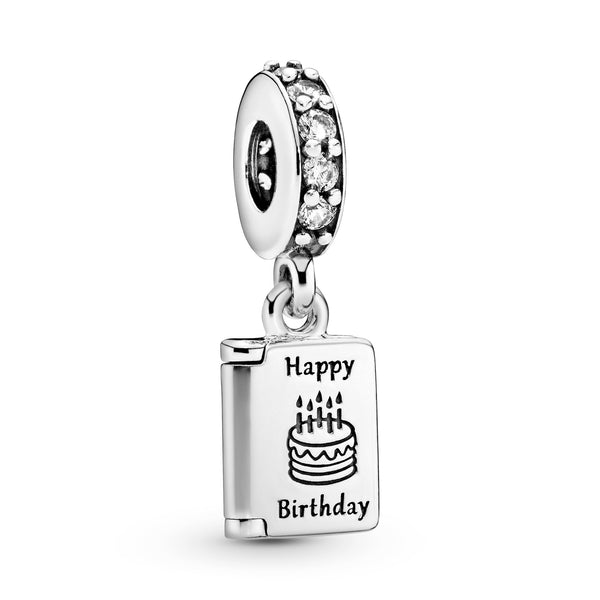 Birthday card silver dangle with clear cubic zirconia