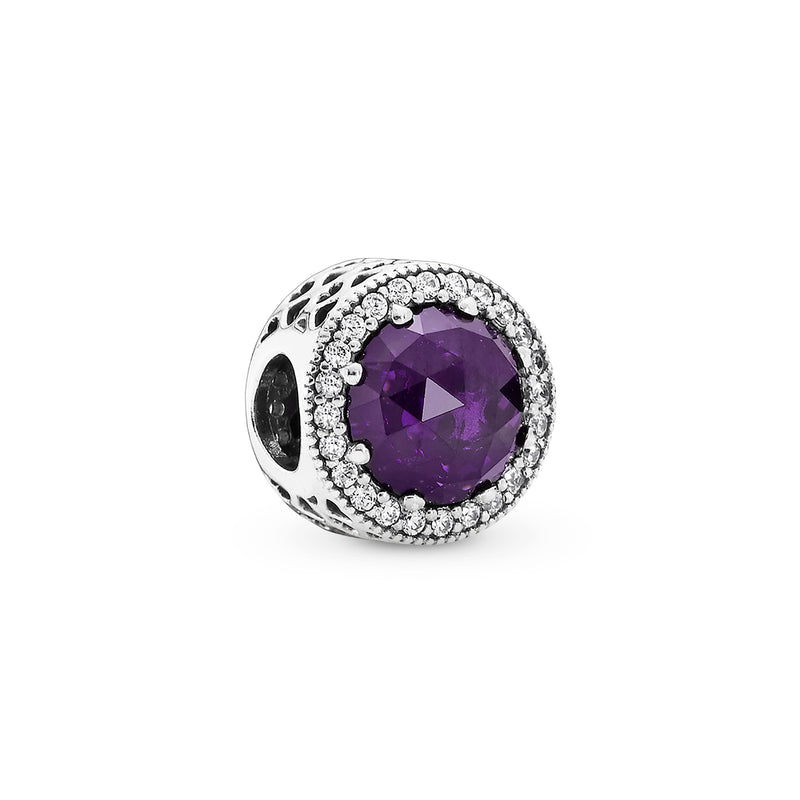 Abstract silver charm with royal purple crystal and clear cubic zirconia