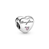 Daughter heart silver charm with pink cubic zirconia
