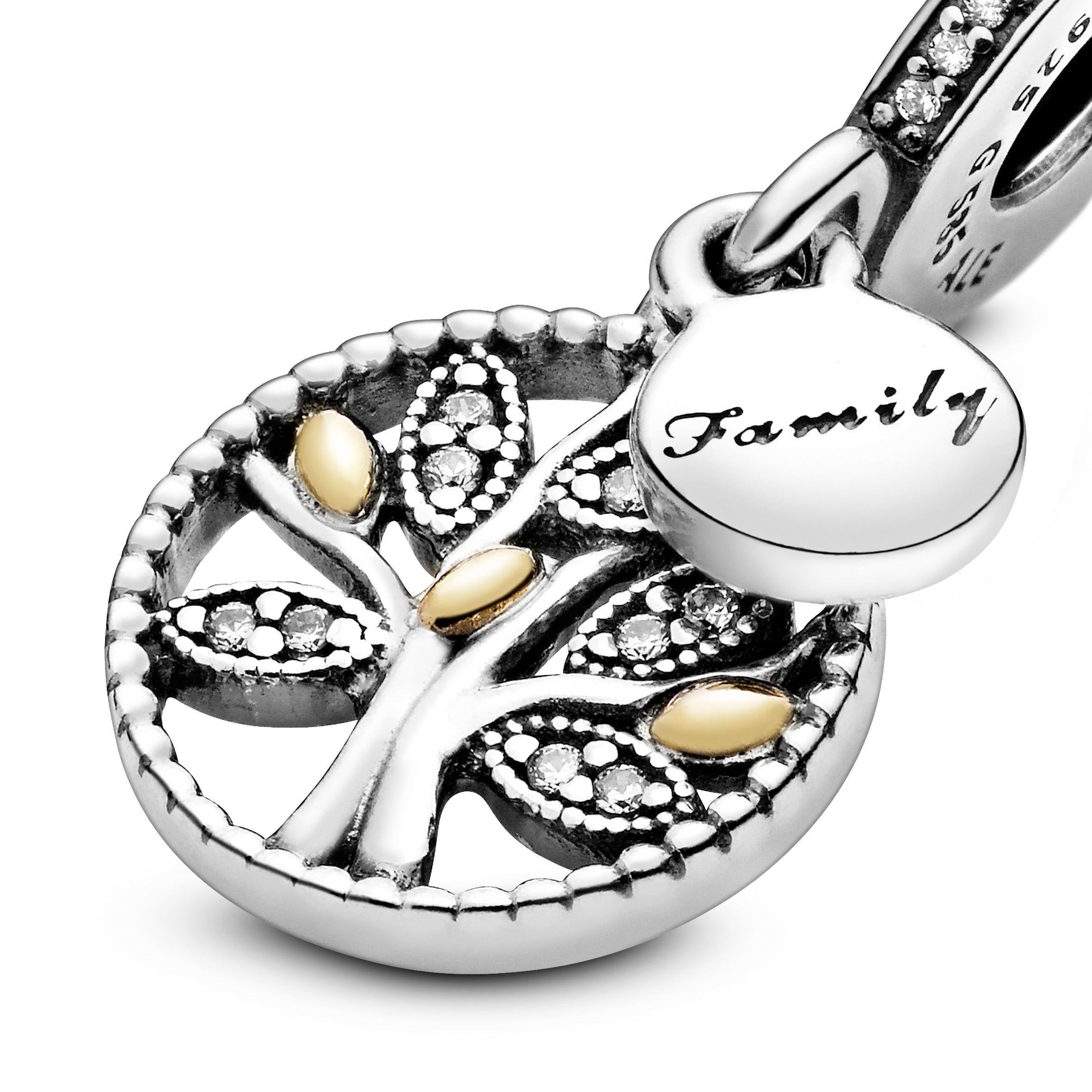 Family tree silver dangle with 14k and clear cubic zirconia