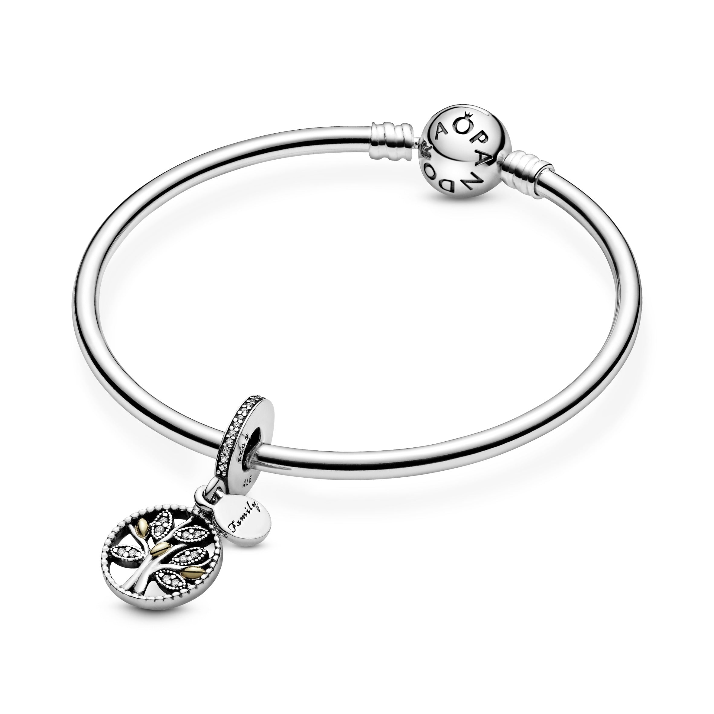 Family tree silver dangle with 14k and clear cubic zirconia