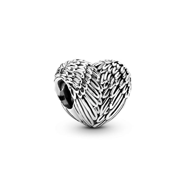 Heart silver charm with angel wing detail