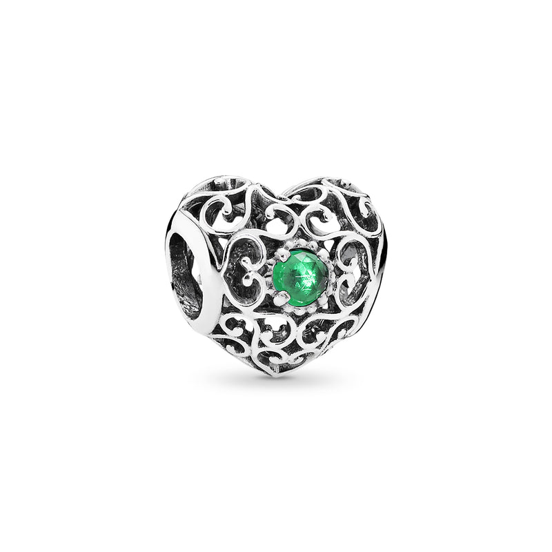 May silver heart charm with royal green crystal