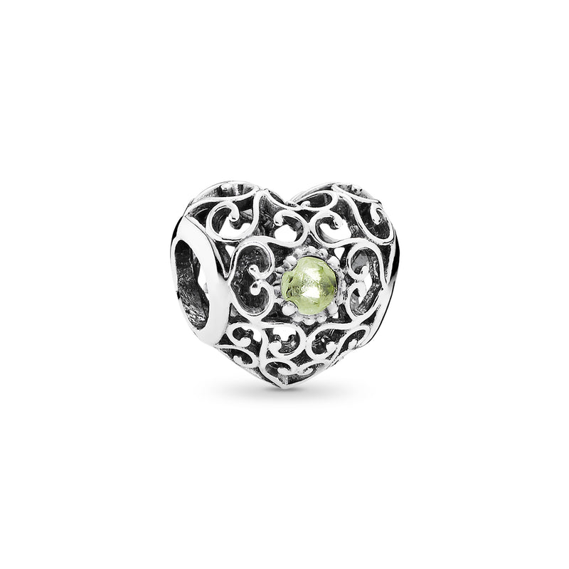 August silver heart charm with peridot