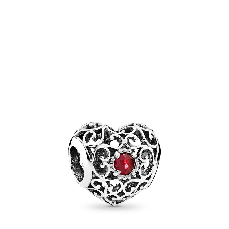 July silver heart charm with synthetic ruby