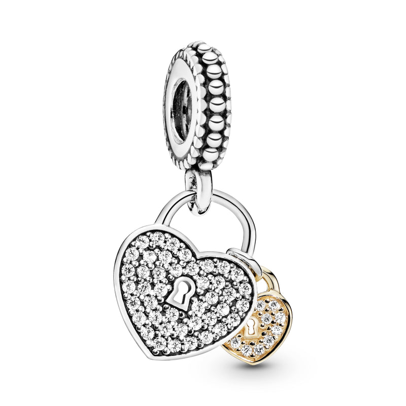 Heart padlock silver dangle with 14k and clear cubic zirconia