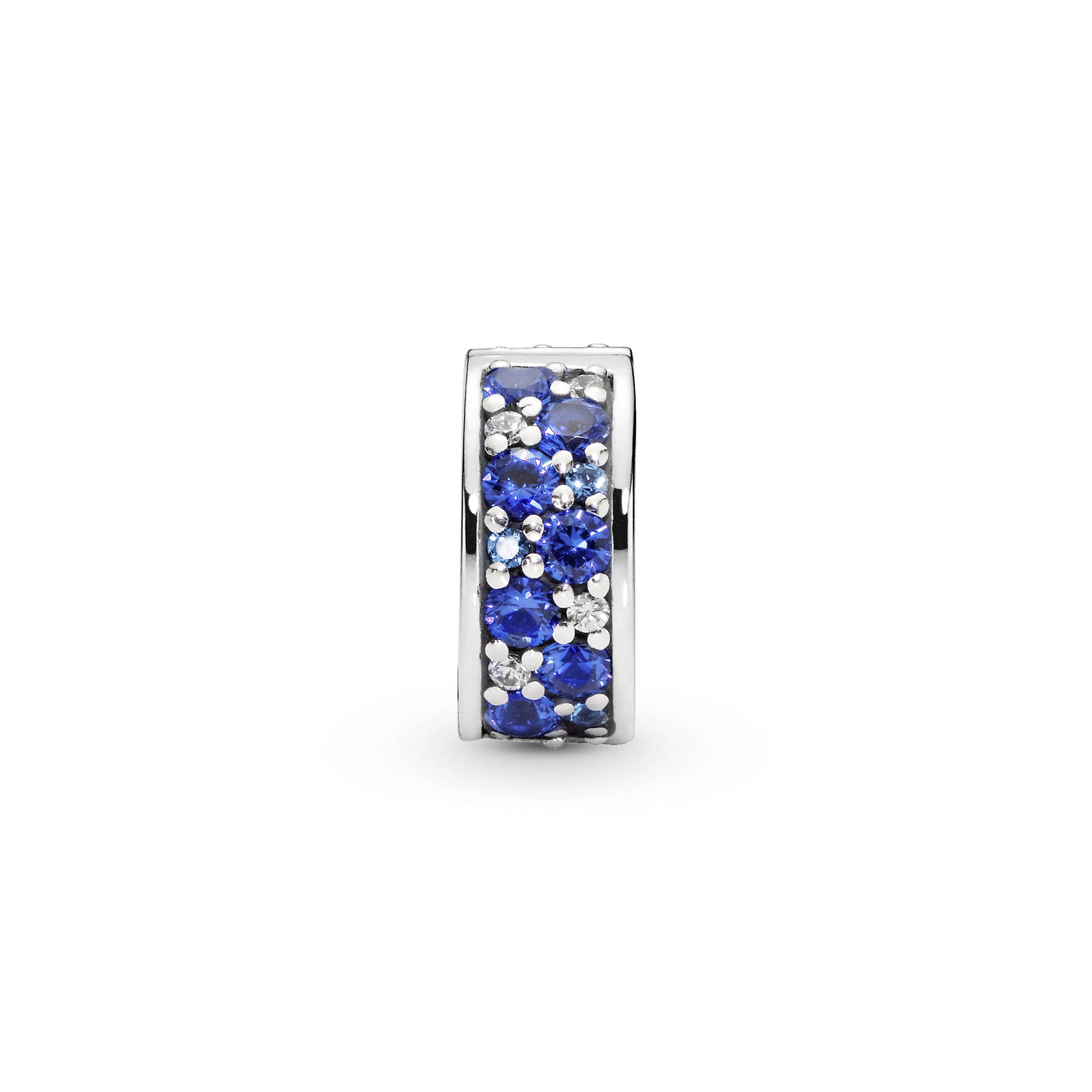 Silver clip with Swiss blue crystal, clear cubic zirconia, royal blue crystal and silicone grip